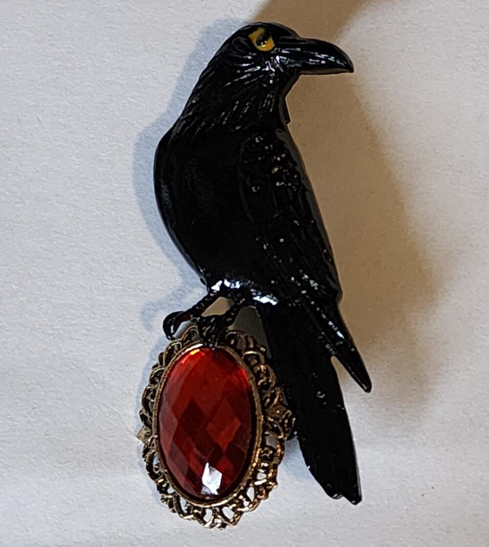 Gothic Style Black Raven Brooch with Red Faceted Faux Gemstone Accent